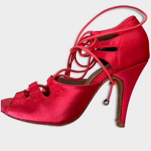 Burju Latin Dance Alemana Red Satin Open Toe Lace Up Heeled Sandals Size 6.5 - Picture 11 of 16